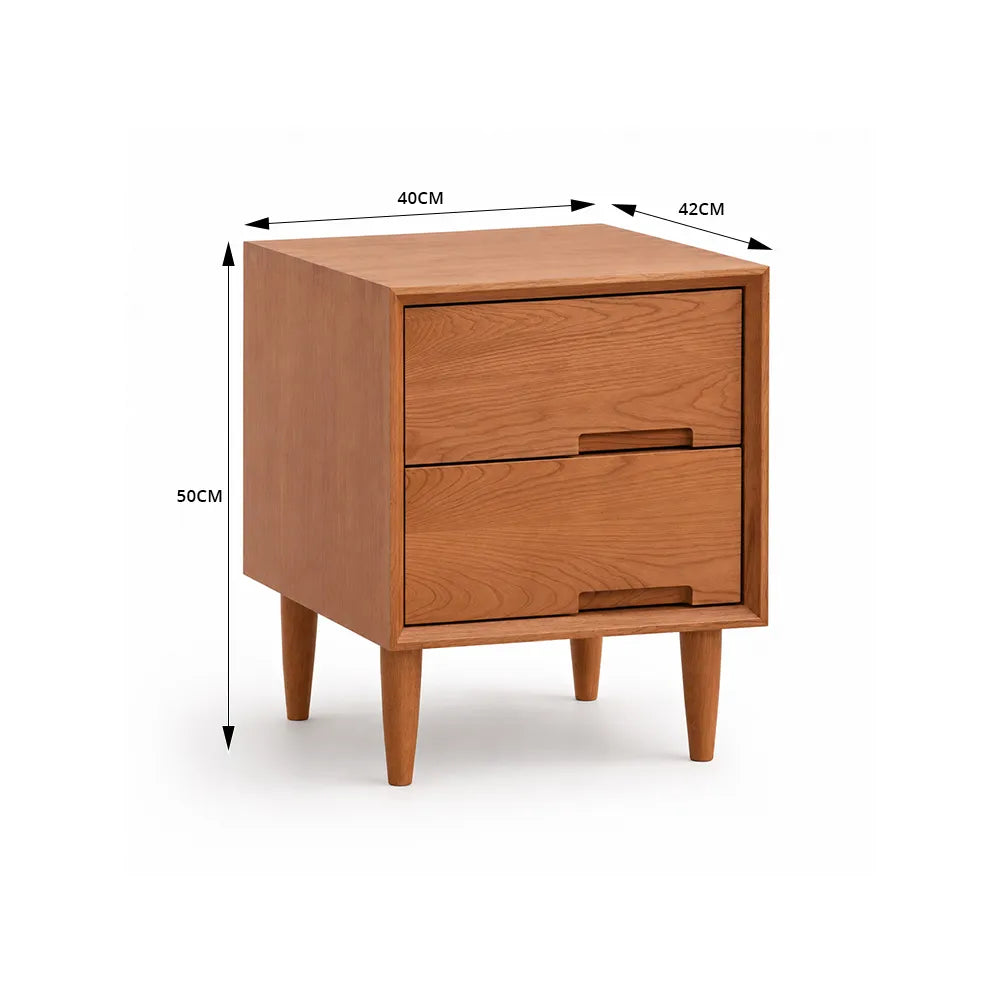 LIVARA Modern FAS Grade Solid Cherry Wood Bedside Table with Double Drawers, Recessed Handles, Dovetail Joinery, Tapered Legs, 40cm - Cherry Wood