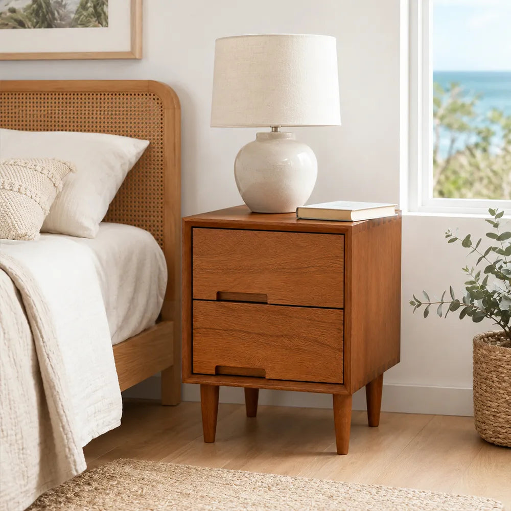 LIVARA Modern Solid Mango Wood Bedside Table with Double Drawers, Recessed Handles, Dovetail Joinery, Tapered Legs, 40cm - Natural Mango Wood