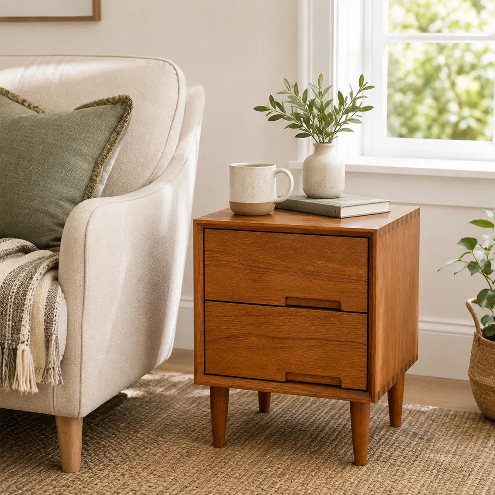LIVARA Modern Solid Mango Wood Bedside Table with Double Drawers, Recessed Handles, Dovetail Joinery, Tapered Legs, 40cm - Natural Mango Wood