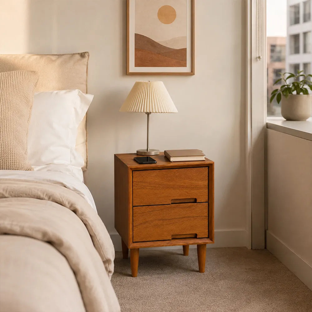 LIVARA Modern Solid Mango Wood Bedside Table with Double Drawers, Recessed Handles, Dovetail Joinery, Tapered Legs, 40cm - Natural Mango Wood