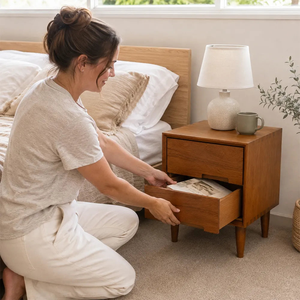 LIVARA Modern Solid Mango Wood Bedside Table with Double Drawers, Recessed Handles, Dovetail Joinery, Tapered Legs, 40cm - Natural Mango Wood