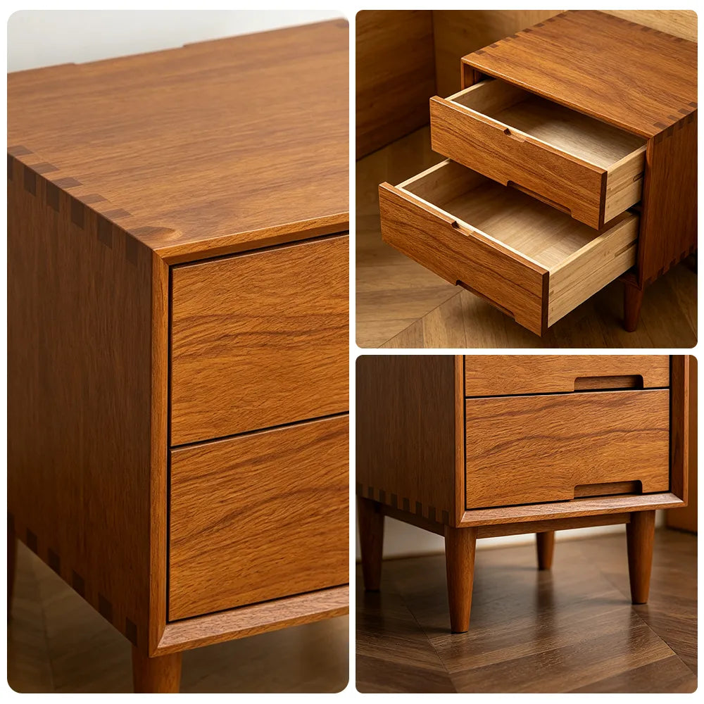 LIVARA Modern Solid Mango Wood Bedside Table with Double Drawers, Recessed Handles, Dovetail Joinery, Tapered Legs, 40cm - Natural Mango Wood