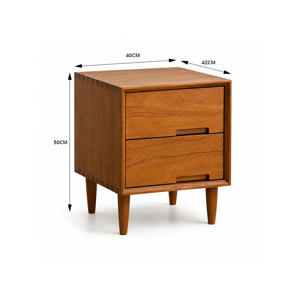 LIVARA Modern Solid Mango Wood Bedside Table with Double Drawers, Recessed Handles, Dovetail Joinery, Tapered Legs, 40cm - Natural Mango Wood