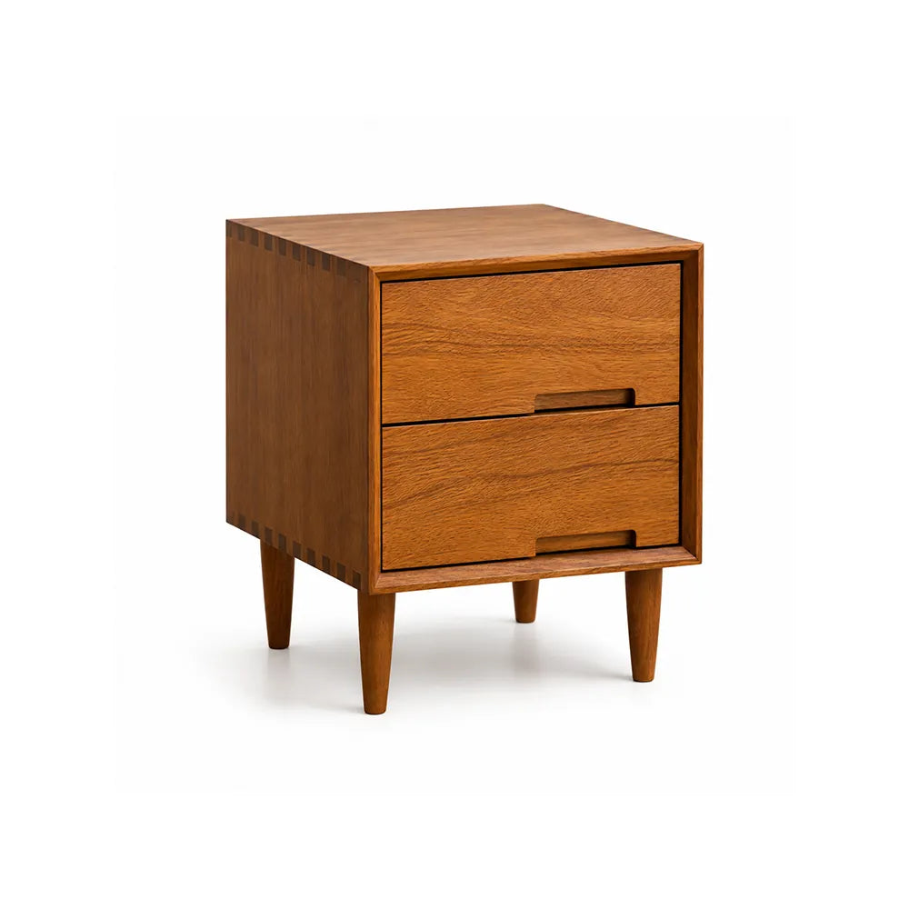 LIVARA Modern Solid Mango Wood Bedside Table with Double Drawers, Recessed Handles, Dovetail Joinery, Tapered Legs, 40cm - Natural Mango Wood
