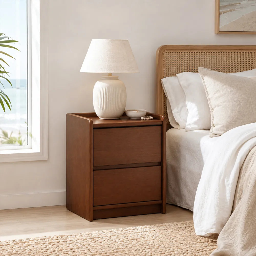 LIVARA Modern Solid Wood Bedside Table with Double Storage Drawers, Raised Edge Tabletop, Rounded Corners, Fully Assembled, 45cm - Walnut
