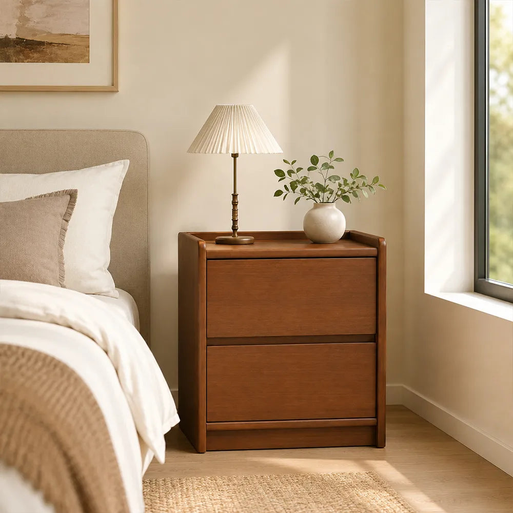 LIVARA Modern Solid Wood Bedside Table with Double Storage Drawers, Raised Edge Tabletop, Rounded Corners, Fully Assembled, 45cm - Walnut