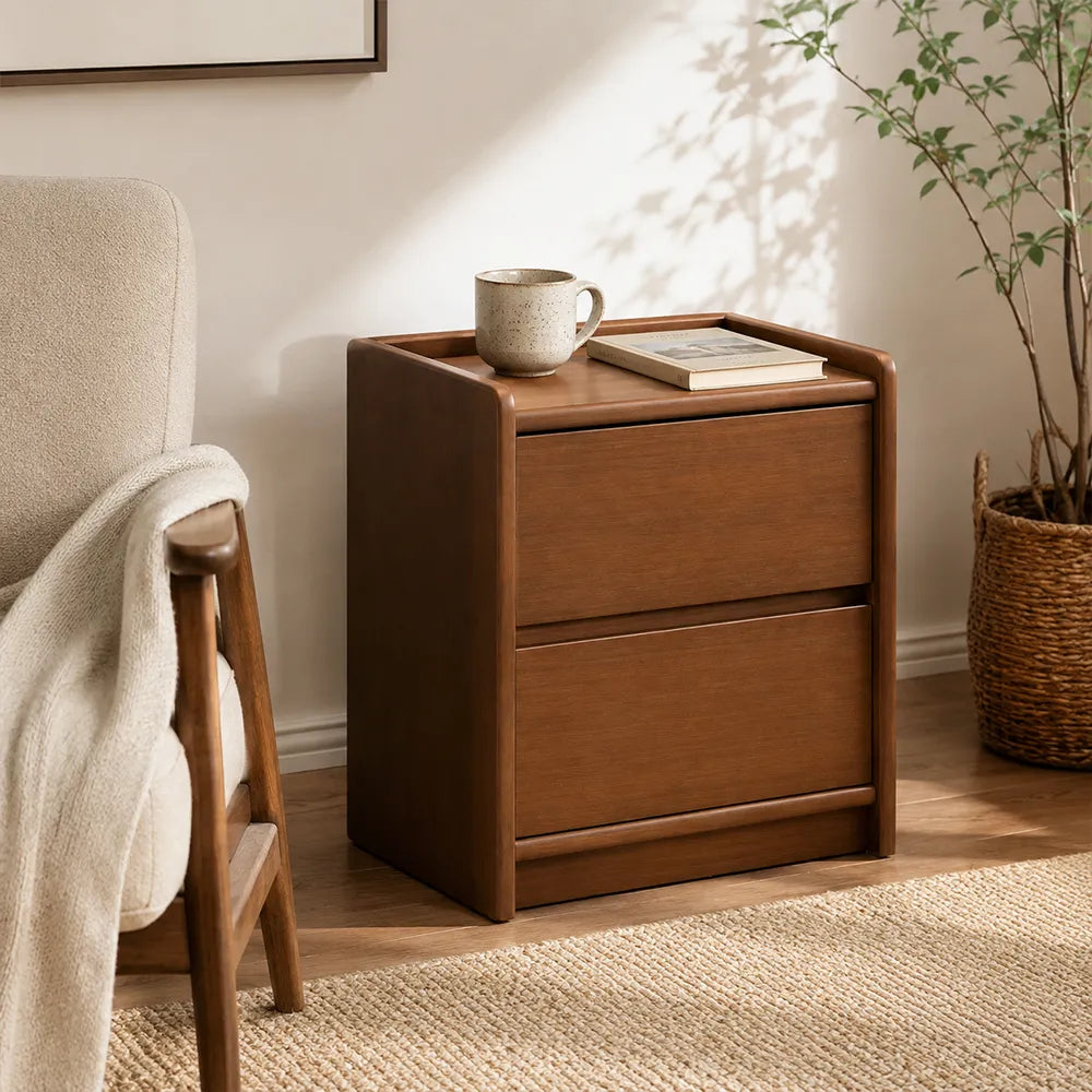 LIVARA Modern Solid Wood Bedside Table with Double Storage Drawers, Raised Edge Tabletop, Rounded Corners, Fully Assembled, 45cm - Walnut