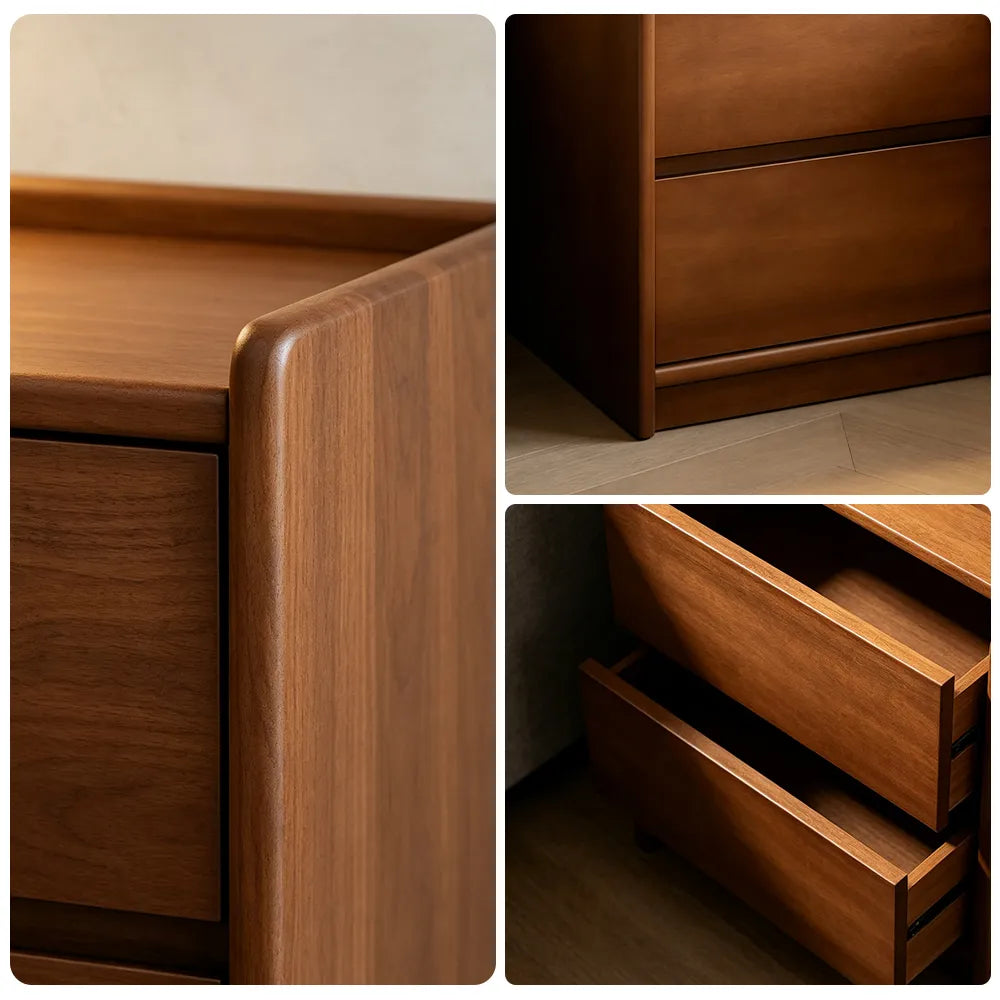 LIVARA Modern Solid Wood Bedside Table with Double Storage Drawers, Raised Edge Tabletop, Rounded Corners, Fully Assembled, 45cm - Walnut