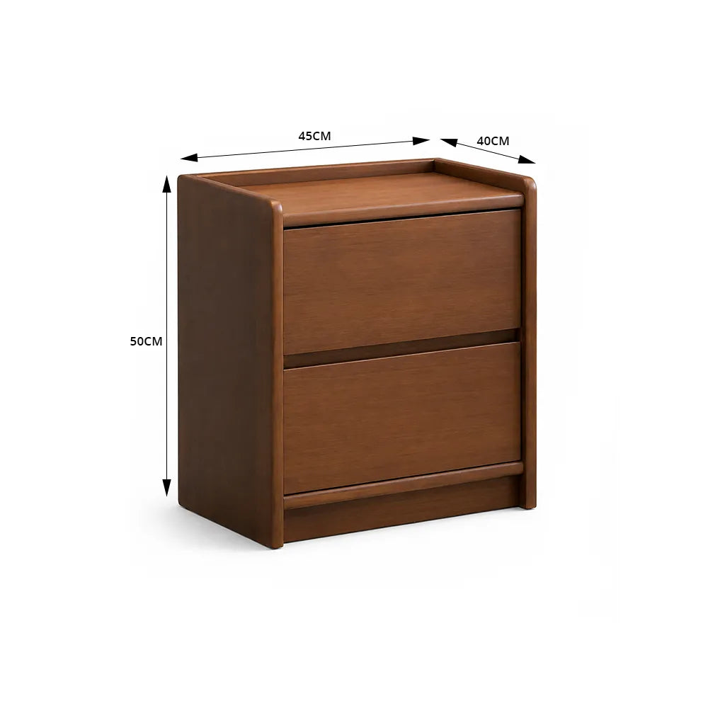 LIVARA Modern Solid Wood Bedside Table with Double Storage Drawers, Raised Edge Tabletop, Rounded Corners, Fully Assembled, 45cm - Walnut