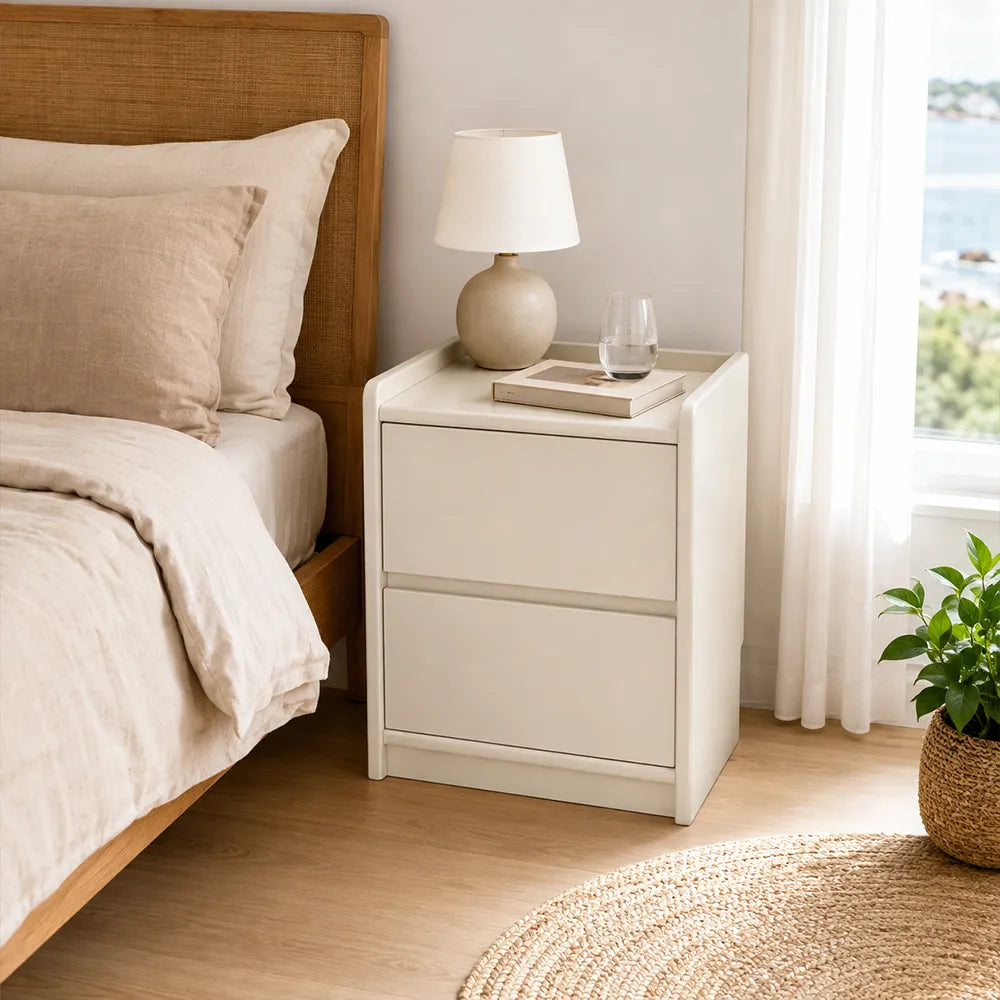 LIVARA Modern Solid Wood Bedside Table with Double Storage Drawers, Raised Edge Tabletop, Rounded Corners, Fully Assembled, 45cm - White