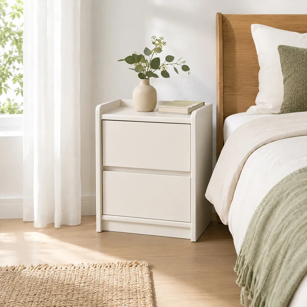 LIVARA Modern Solid Wood Bedside Table with Double Storage Drawers, Raised Edge Tabletop, Rounded Corners, Fully Assembled, 45cm - White