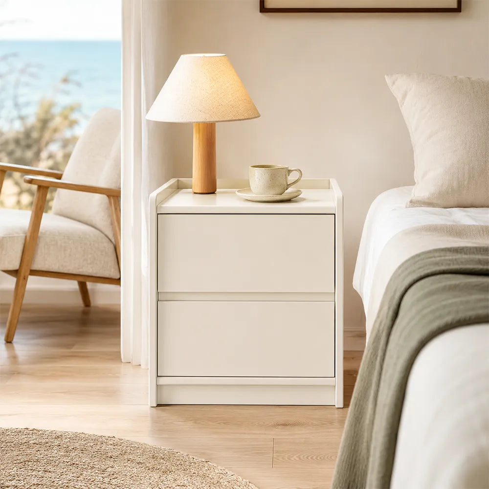 LIVARA Modern Solid Wood Bedside Table with Double Storage Drawers, Raised Edge Tabletop, Rounded Corners, Fully Assembled, 45cm - White