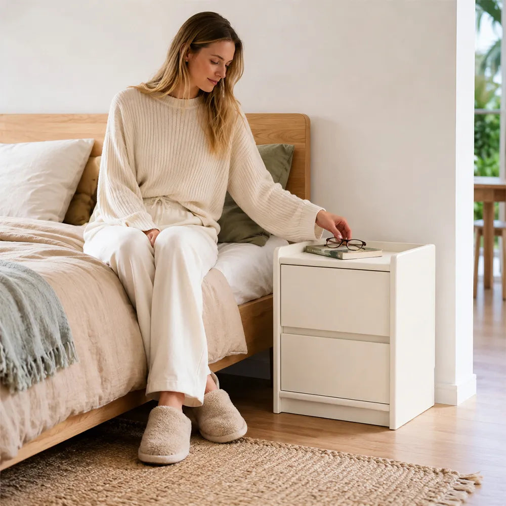 LIVARA Modern Solid Wood Bedside Table with Double Storage Drawers, Raised Edge Tabletop, Rounded Corners, Fully Assembled, 45cm - White