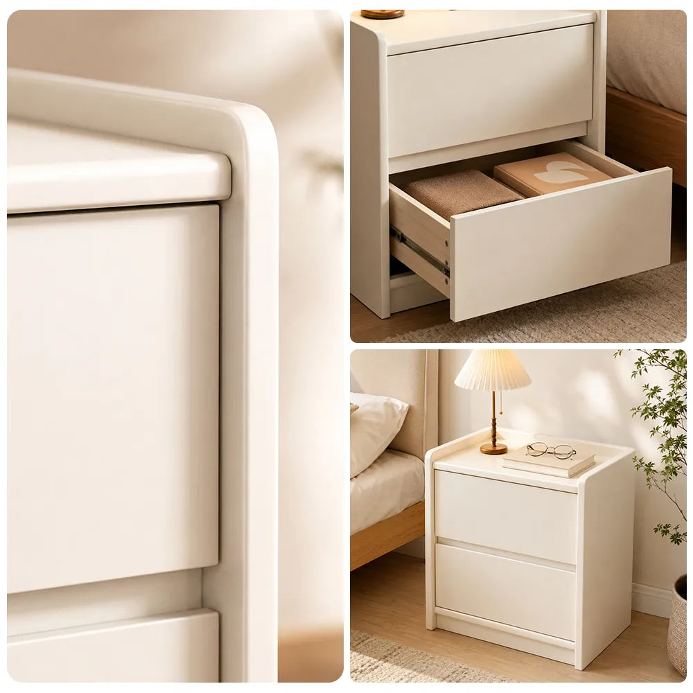 LIVARA Modern Solid Wood Bedside Table with Double Storage Drawers, Raised Edge Tabletop, Rounded Corners, Fully Assembled, 45cm - White