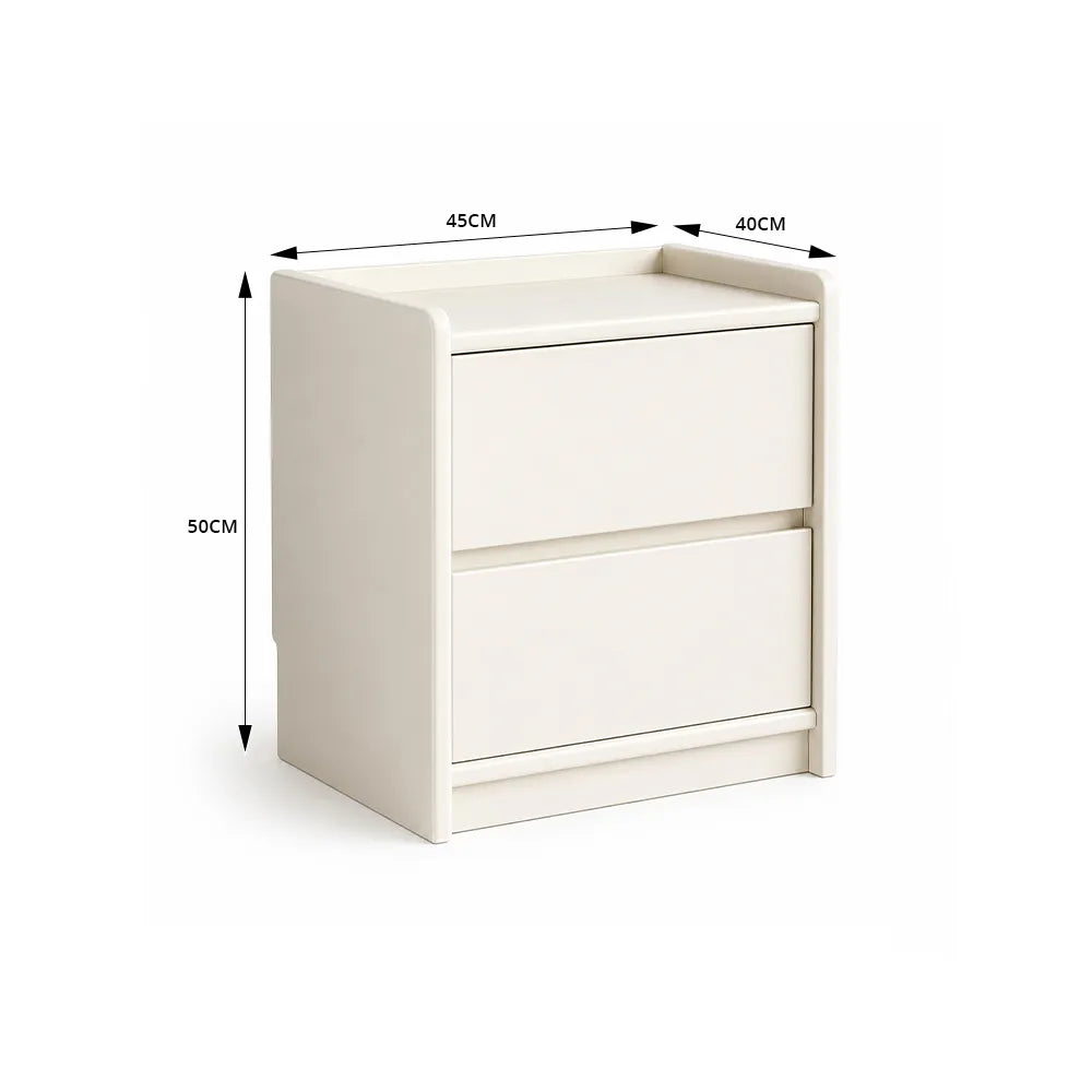 LIVARA Modern Solid Wood Bedside Table with Double Storage Drawers, Raised Edge Tabletop, Rounded Corners, Fully Assembled, 45cm - White