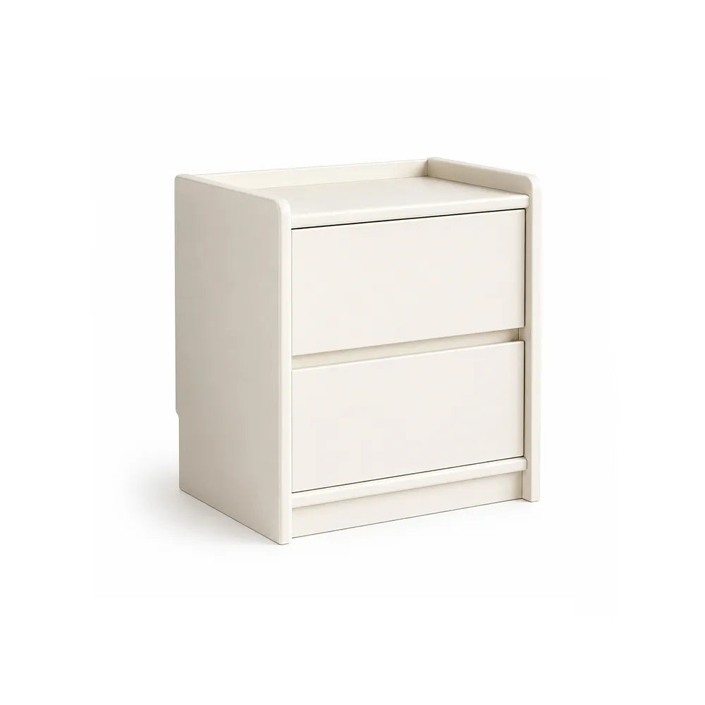 LIVARA Modern Solid Wood Bedside Table with Double Storage Drawers, Raised Edge Tabletop, Rounded Corners, Fully Assembled, 45cm - White