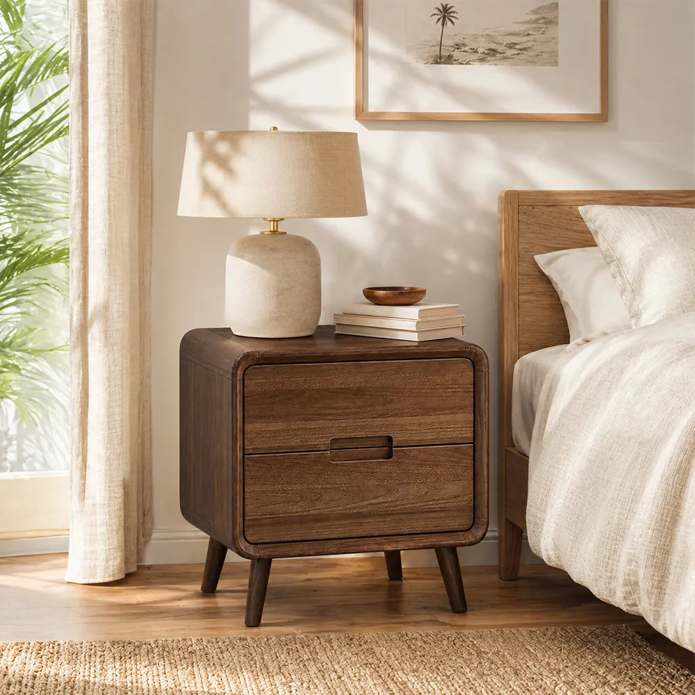 LIVARA Modern Solid Wood Bedside Table with Double Storage Drawers, Recessed Handles, Rounded Corners, Angled Solid Wood Legs, 45cm - Walnut