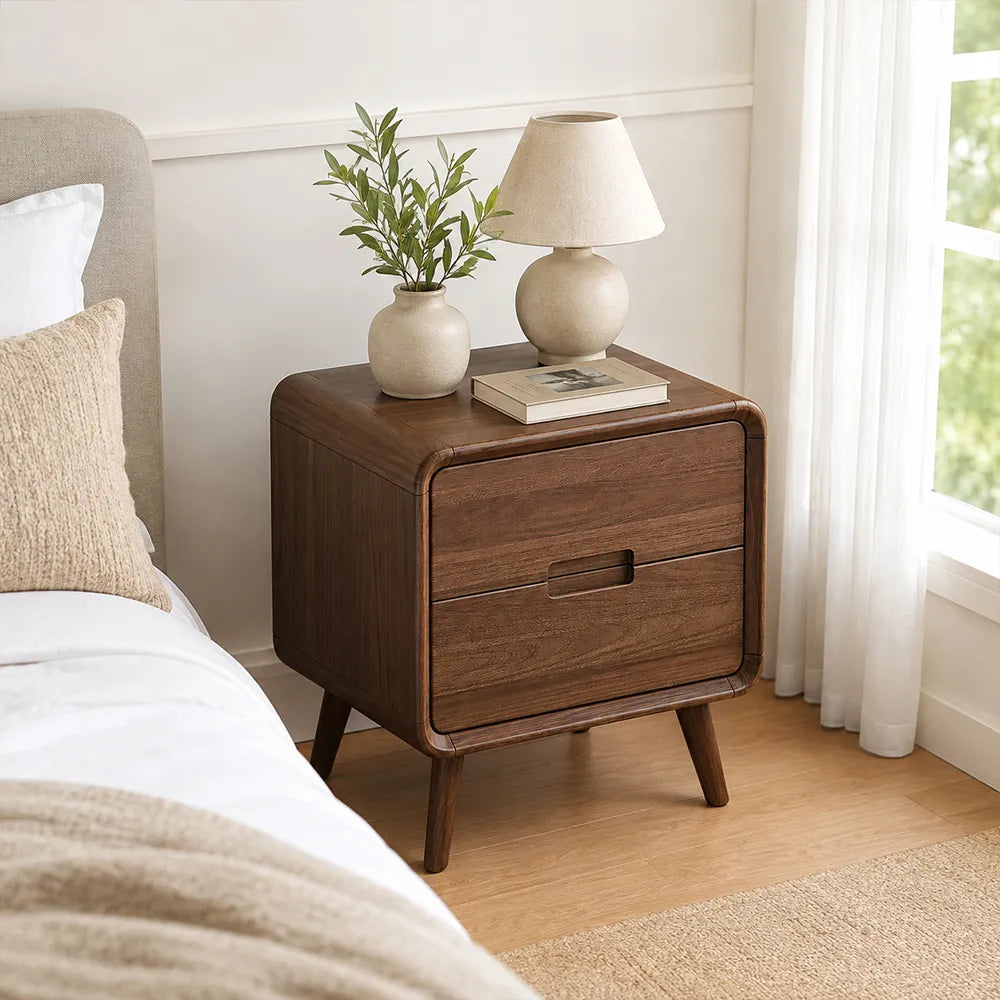 LIVARA Modern Solid Wood Bedside Table with Double Storage Drawers, Recessed Handles, Rounded Corners, Angled Solid Wood Legs, 45cm - Walnut