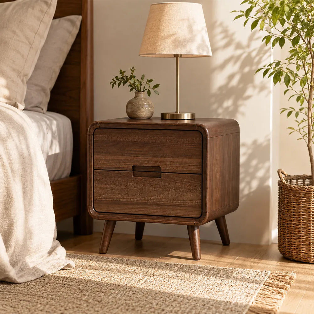 LIVARA Modern Solid Wood Bedside Table with Double Storage Drawers, Recessed Handles, Rounded Corners, Angled Solid Wood Legs, 45cm - Walnut