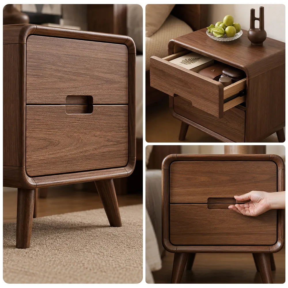 LIVARA Modern Solid Wood Bedside Table with Double Storage Drawers, Recessed Handles, Rounded Corners, Angled Solid Wood Legs, 45cm - Walnut