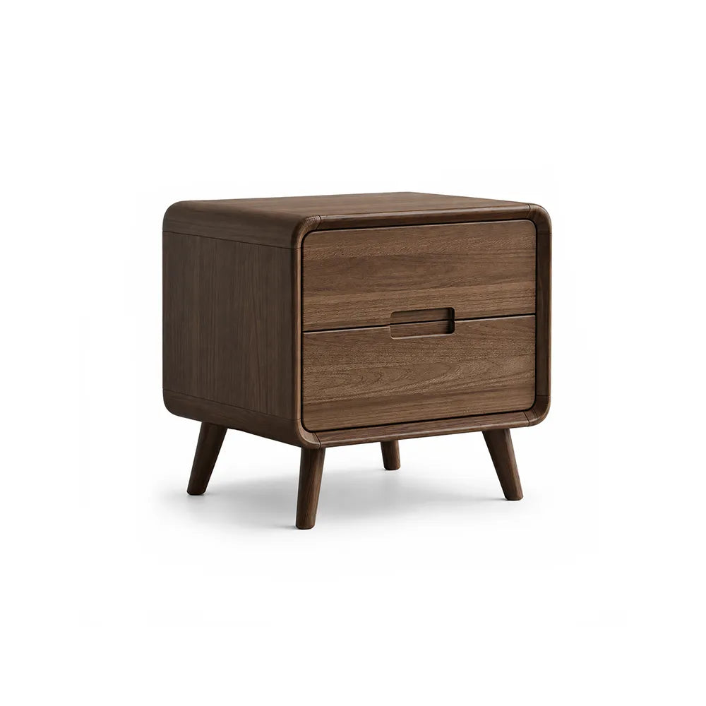 LIVARA Modern Solid Wood Bedside Table with Double Storage Drawers, Recessed Handles, Rounded Corners, Angled Solid Wood Legs, 45cm - Walnut