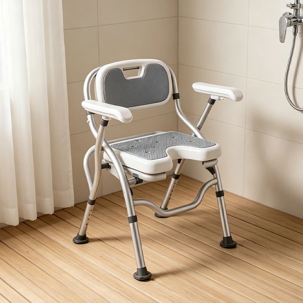 LIVARA Large Foldable Shower Chair with U-Shaped Seat Adjustable Height Soft Wave Cushion Waterproof Panel Anti-Slip Feet for Elderly Pregnant Bathroom Safety