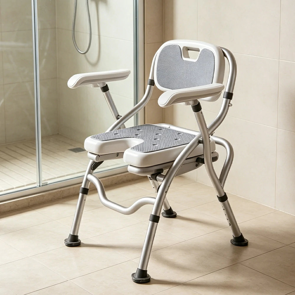 LIVARA Large Foldable Shower Chair with U-Shaped Seat Adjustable Height Soft Wave Cushion Waterproof Panel Anti-Slip Feet for Elderly Pregnant Bathroom Safety