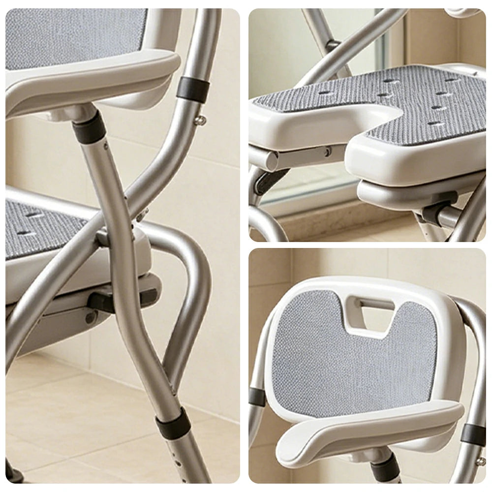 LIVARA Large Foldable Shower Chair with U-Shaped Seat Adjustable Height Soft Wave Cushion Waterproof Panel Anti-Slip Feet for Elderly Pregnant Bathroom Safety