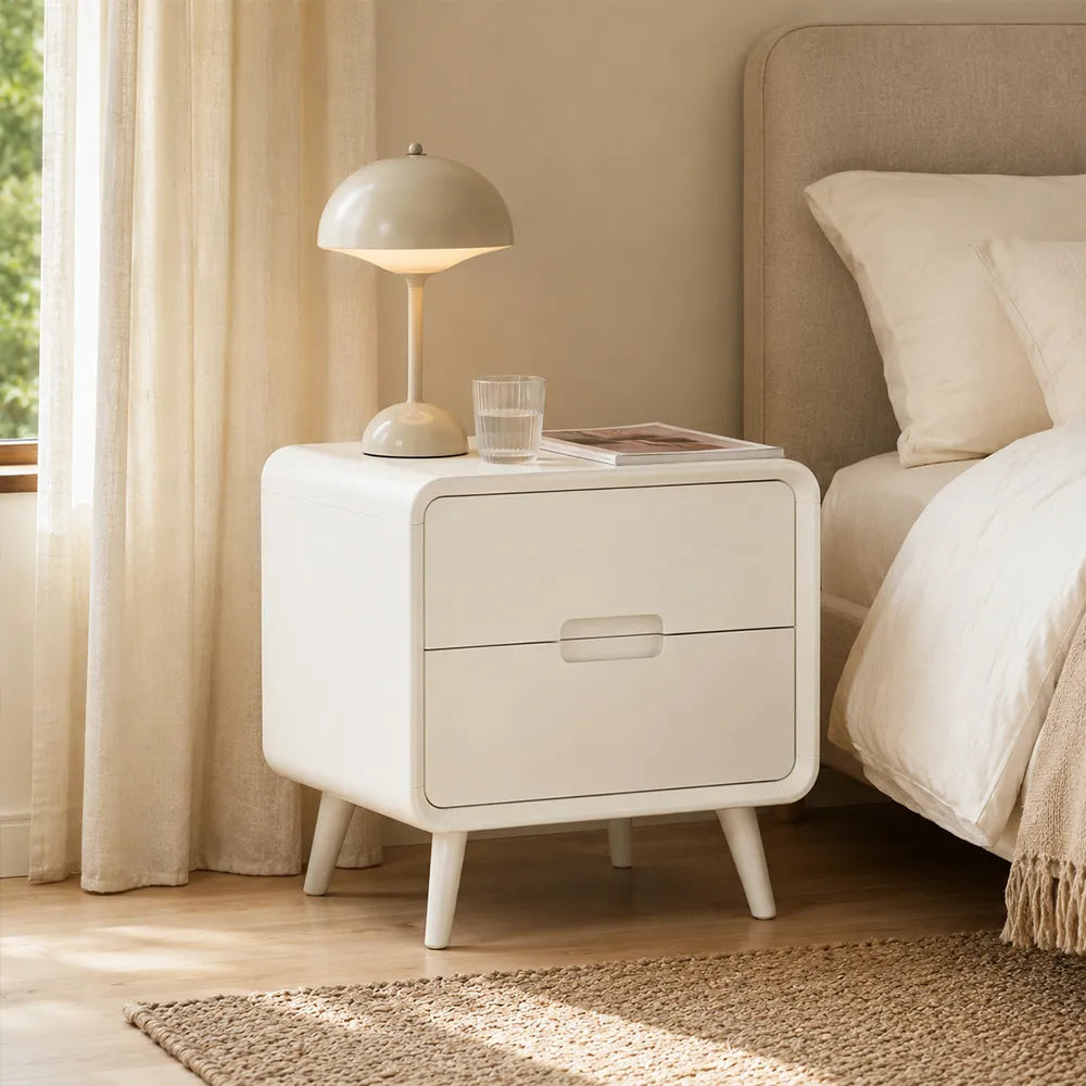 LIVARA Modern Solid Wood Bedside Table with Double Storage Drawers, Recessed Handles, Rounded Corners, Angled Solid Wood Legs, 45cm - White