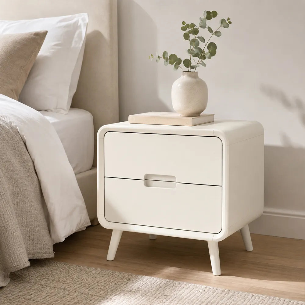 LIVARA Modern Solid Wood Bedside Table with Double Storage Drawers, Recessed Handles, Rounded Corners, Angled Solid Wood Legs, 45cm - White