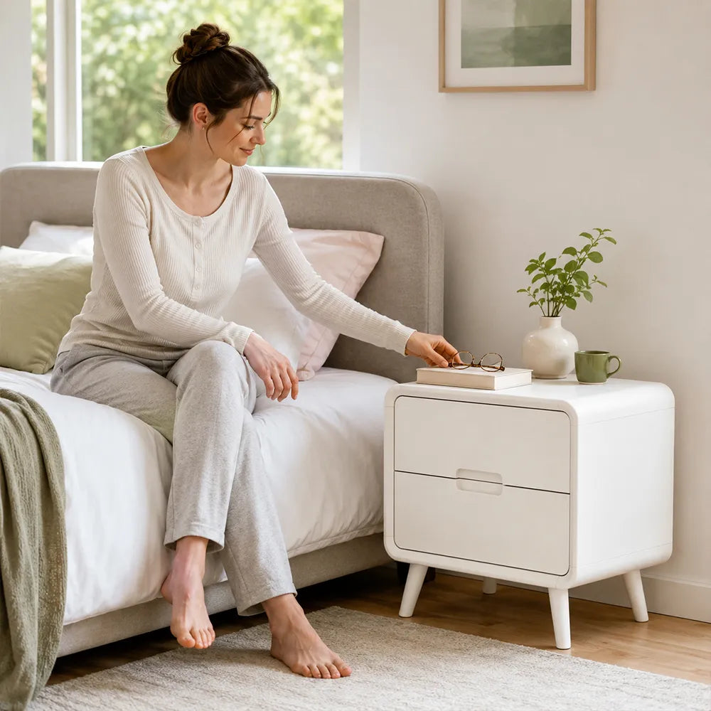 LIVARA Modern Solid Wood Bedside Table with Double Storage Drawers, Recessed Handles, Rounded Corners, Angled Solid Wood Legs, 45cm - White