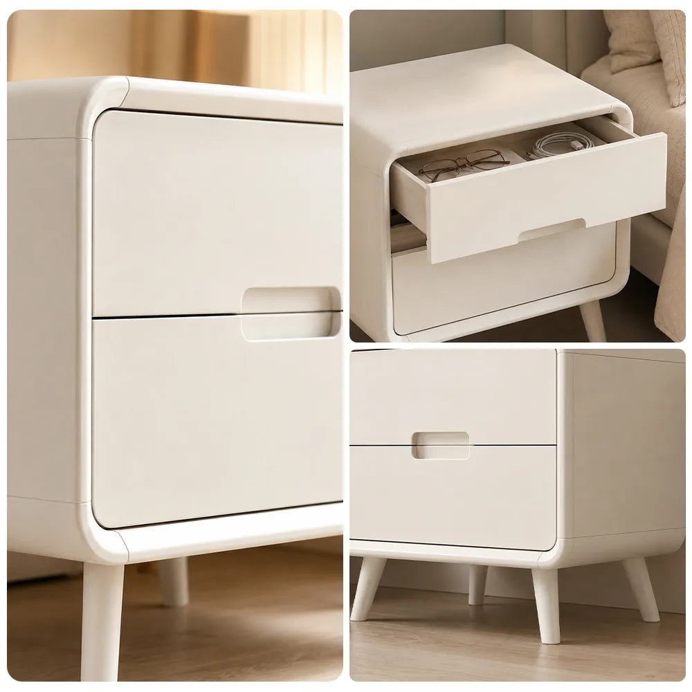 LIVARA Modern Solid Wood Bedside Table with Double Storage Drawers, Recessed Handles, Rounded Corners, Angled Solid Wood Legs, 45cm - White