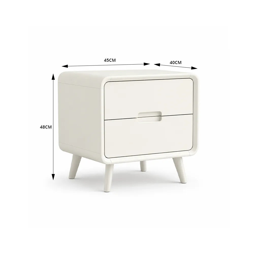 LIVARA Modern Solid Wood Bedside Table with Double Storage Drawers, Recessed Handles, Rounded Corners, Angled Solid Wood Legs, 45cm - White