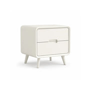 LIVARA Modern Solid Wood Bedside Table with Double Storage Drawers, Recessed Handles, Rounded Corners, Angled Solid Wood Legs, 45cm - White