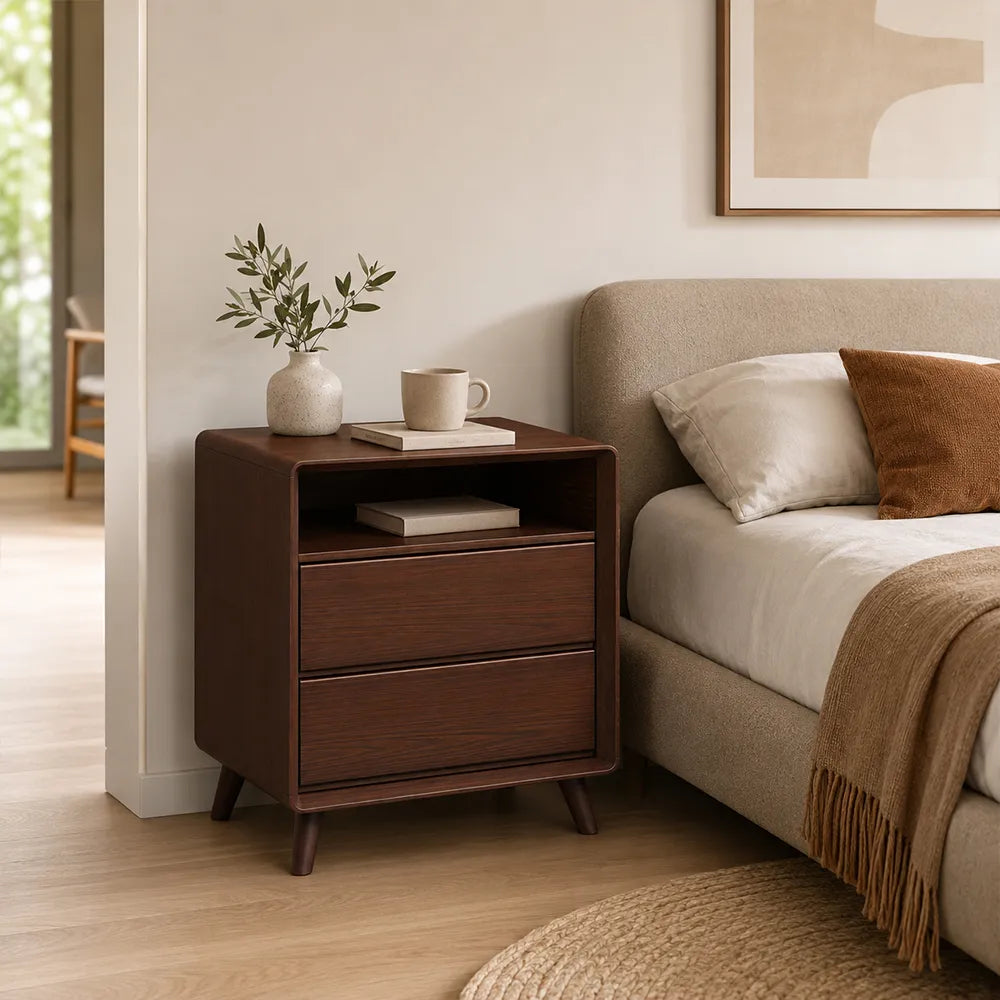 LIVARA Modern Solid Wood Bedside Table with Double Storage Drawers, Open Shelf, Rounded Corners, Recessed Handles, Tapered Legs - Walnut