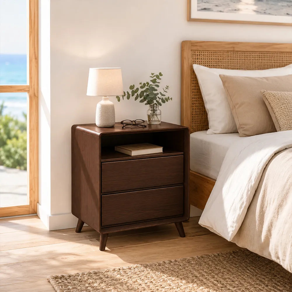LIVARA Modern Solid Wood Bedside Table with Double Storage Drawers, Open Shelf, Rounded Corners, Recessed Handles, Tapered Legs - Walnut