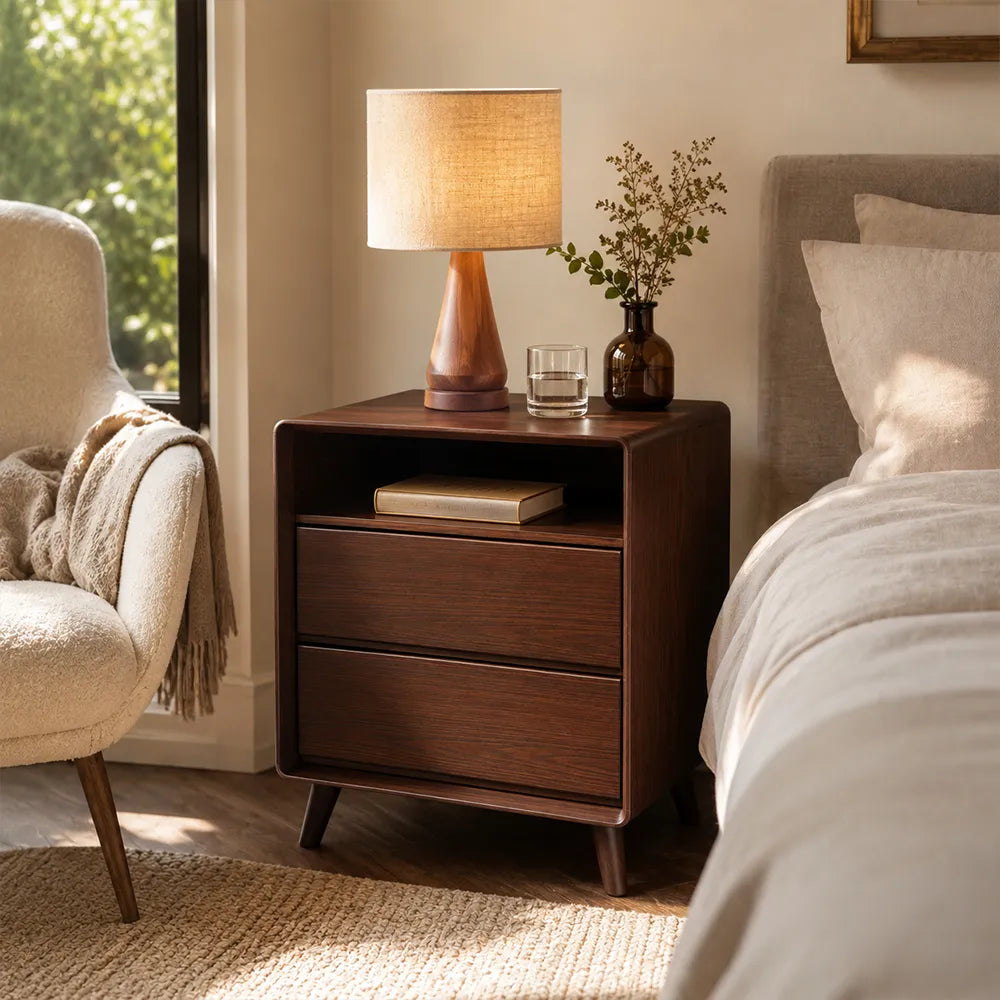 LIVARA Modern Solid Wood Bedside Table with Double Storage Drawers, Open Shelf, Rounded Corners, Recessed Handles, Tapered Legs - Walnut