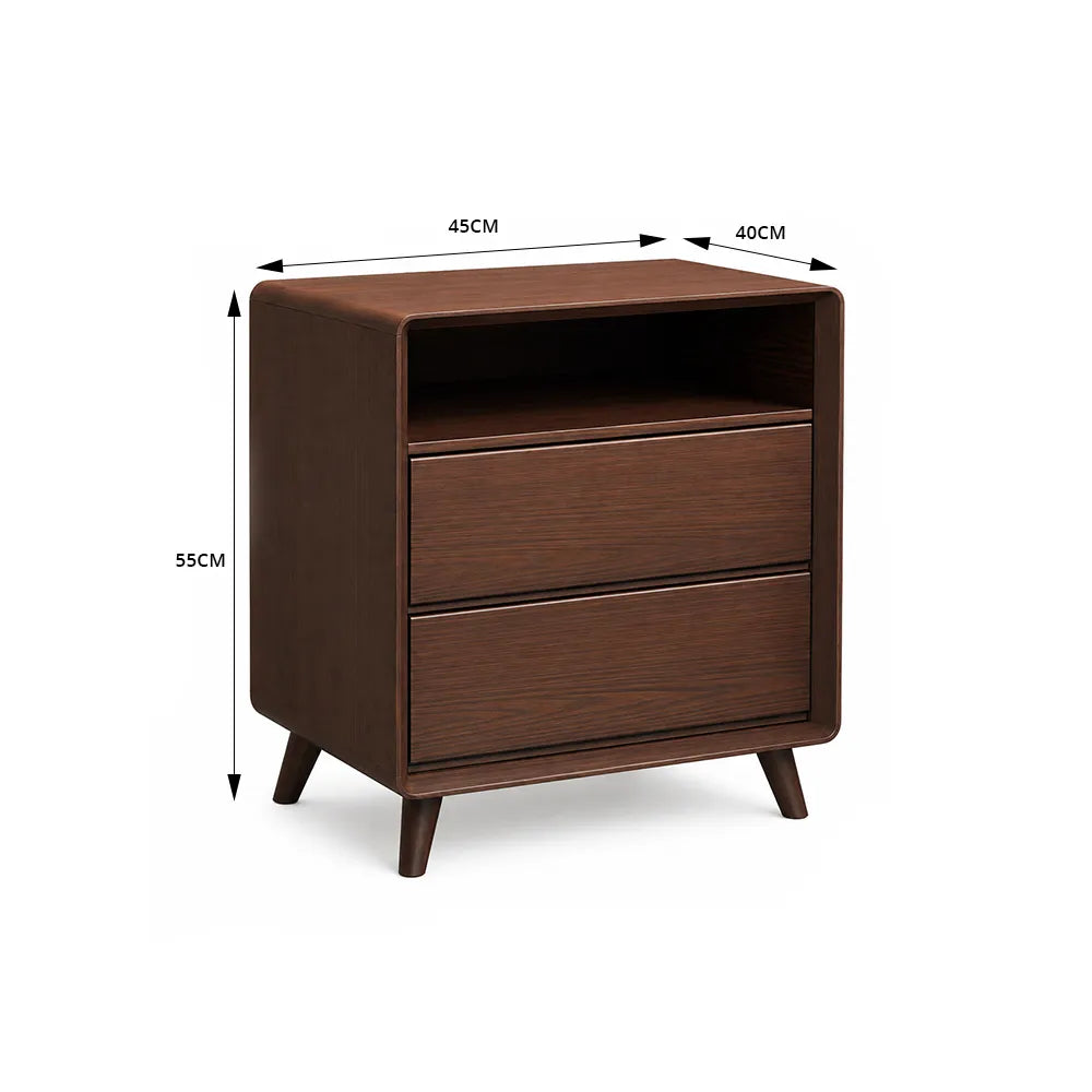 LIVARA Modern Solid Wood Bedside Table with Double Storage Drawers, Open Shelf, Rounded Corners, Recessed Handles, Tapered Legs - Walnut