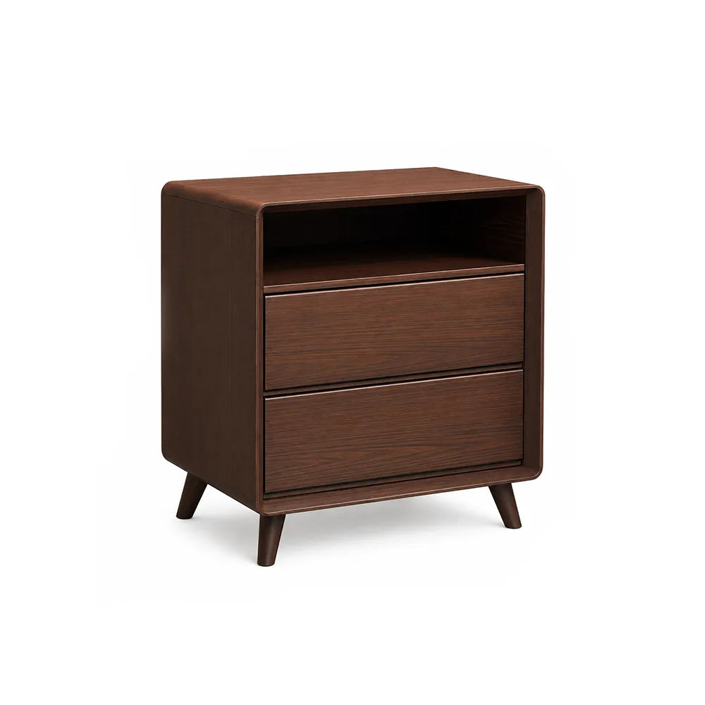 LIVARA Modern Solid Wood Bedside Table with Double Storage Drawers, Open Shelf, Rounded Corners, Recessed Handles, Tapered Legs - Walnut