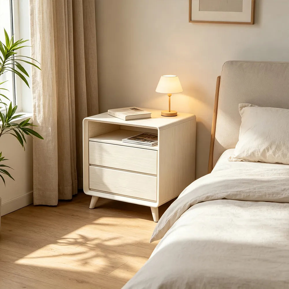LIVARA Modern Solid Wood Bedside Table with Double Storage Drawers, Open Shelf, Rounded Corners, Recessed Handles, Tapered Legs - White