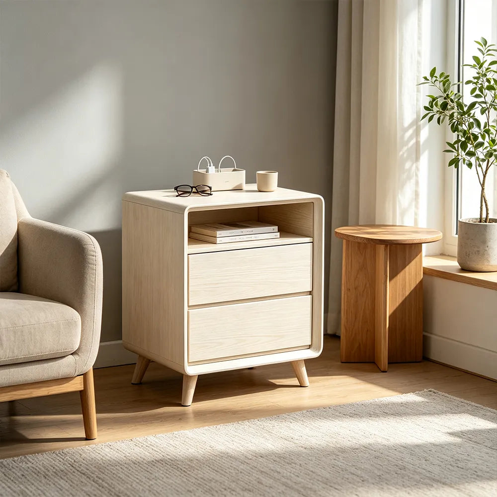 LIVARA Modern Solid Wood Bedside Table with Double Storage Drawers, Open Shelf, Rounded Corners, Recessed Handles, Tapered Legs - White
