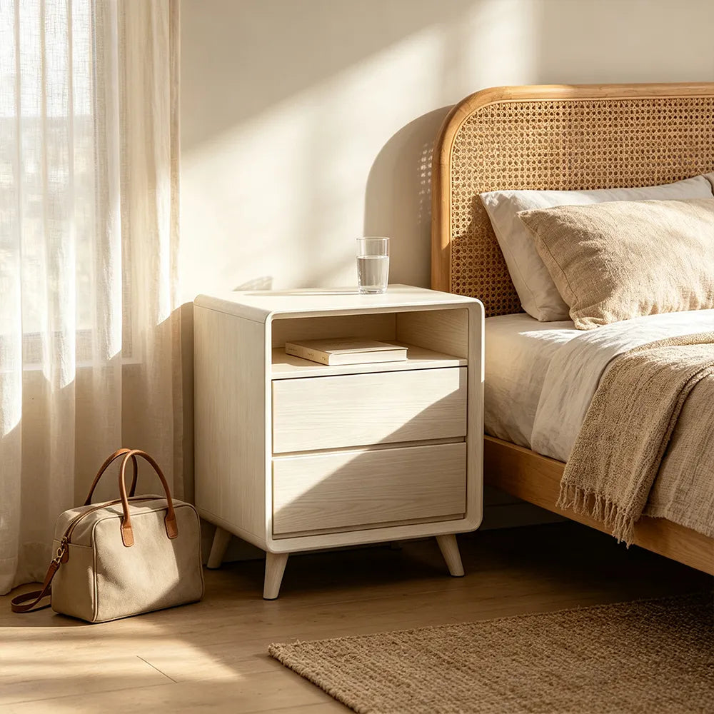 LIVARA Modern Solid Wood Bedside Table with Double Storage Drawers, Open Shelf, Rounded Corners, Recessed Handles, Tapered Legs - White