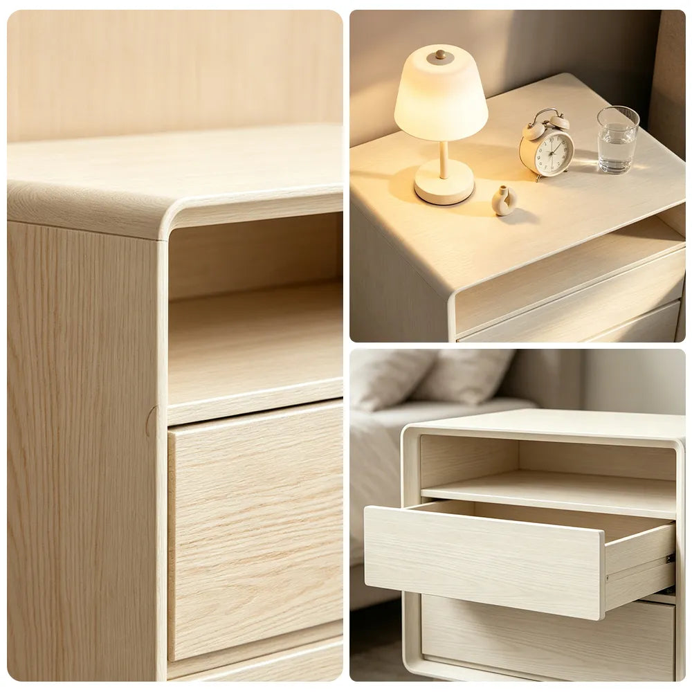 LIVARA Modern Solid Wood Bedside Table with Double Storage Drawers, Open Shelf, Rounded Corners, Recessed Handles, Tapered Legs - White