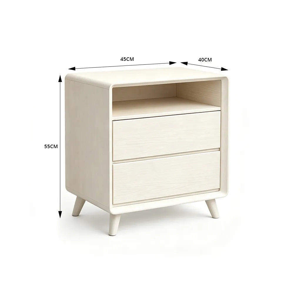 LIVARA Modern Solid Wood Bedside Table with Double Storage Drawers, Open Shelf, Rounded Corners, Recessed Handles, Tapered Legs - White
