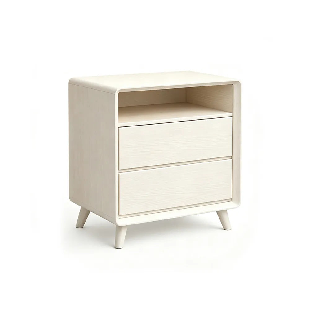 LIVARA Modern Solid Wood Bedside Table with Double Storage Drawers, Open Shelf, Rounded Corners, Recessed Handles, Tapered Legs - White