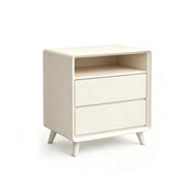 LIVARA Modern Solid Wood Bedside Table with Double Storage Drawers, Open Shelf, Rounded Corners, Recessed Handles, Tapered Legs - White