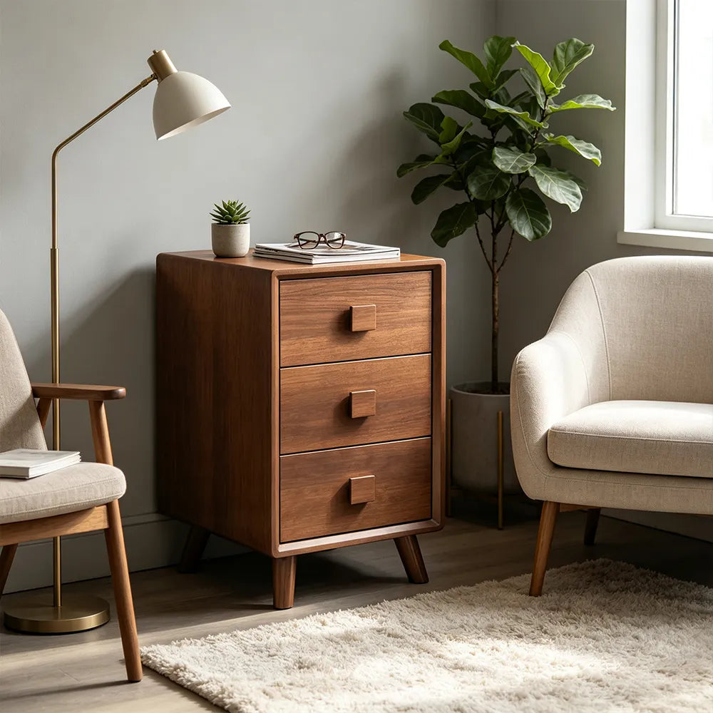 LIVARA Modern Solid Wood Bedside Table with 3 Drawers, Square Wooden Handles, Rounded Edges, Tapered Legs, 40cm - Walnut