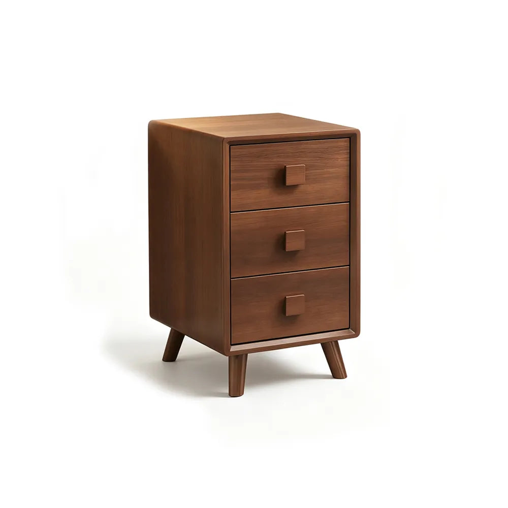 LIVARA Modern Solid Wood Bedside Table with 3 Drawers, Square Wooden Handles, Rounded Edges, Tapered Legs, 40cm - Walnut