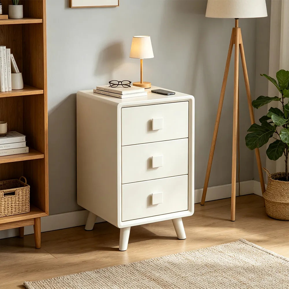 LIVARA Modern Solid Wood Bedside Table with 3 Drawers, Square Wooden Handles, Rounded Edges, Tapered Legs, 40cm - White