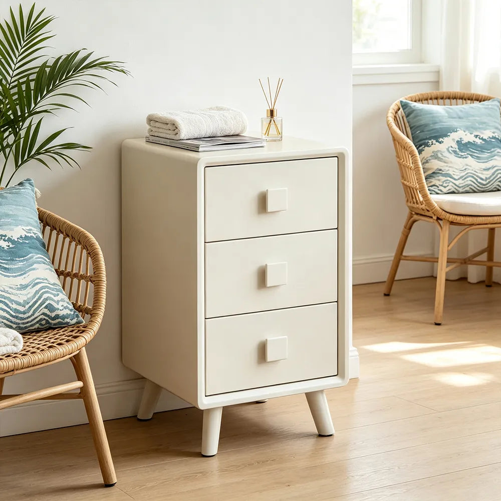 LIVARA Modern Solid Wood Bedside Table with 3 Drawers, Square Wooden Handles, Rounded Edges, Tapered Legs, 40cm - White